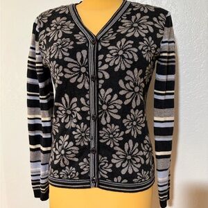 Floral Stripes Women's Cardigan Black Blue Gray 100% Wool Neve Designs Indie